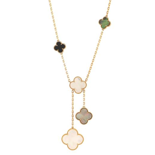 Magic Alhambra 6 Motif Necklace 18K Yellow Gold and Mother of Pearl with Onyx Magic Alhambra 6 Motif Necklace 18K Yellow Gold and Mother of Pearl with Onyx