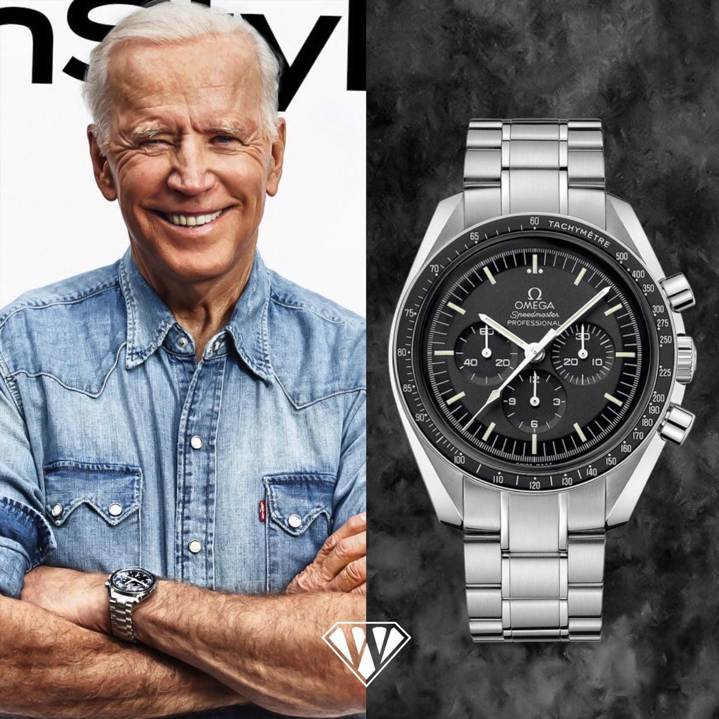 Joe Biden wearing an Omega Speedmaster in 2021. Joe Biden wearing an Omega Speedmaster in 2021.