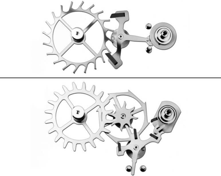Above: A traditional lever escapement Below: Omega’s Co-Axial escapement. Above: A traditional lever escapement Below: Omega’s Co-Axial escapement.
